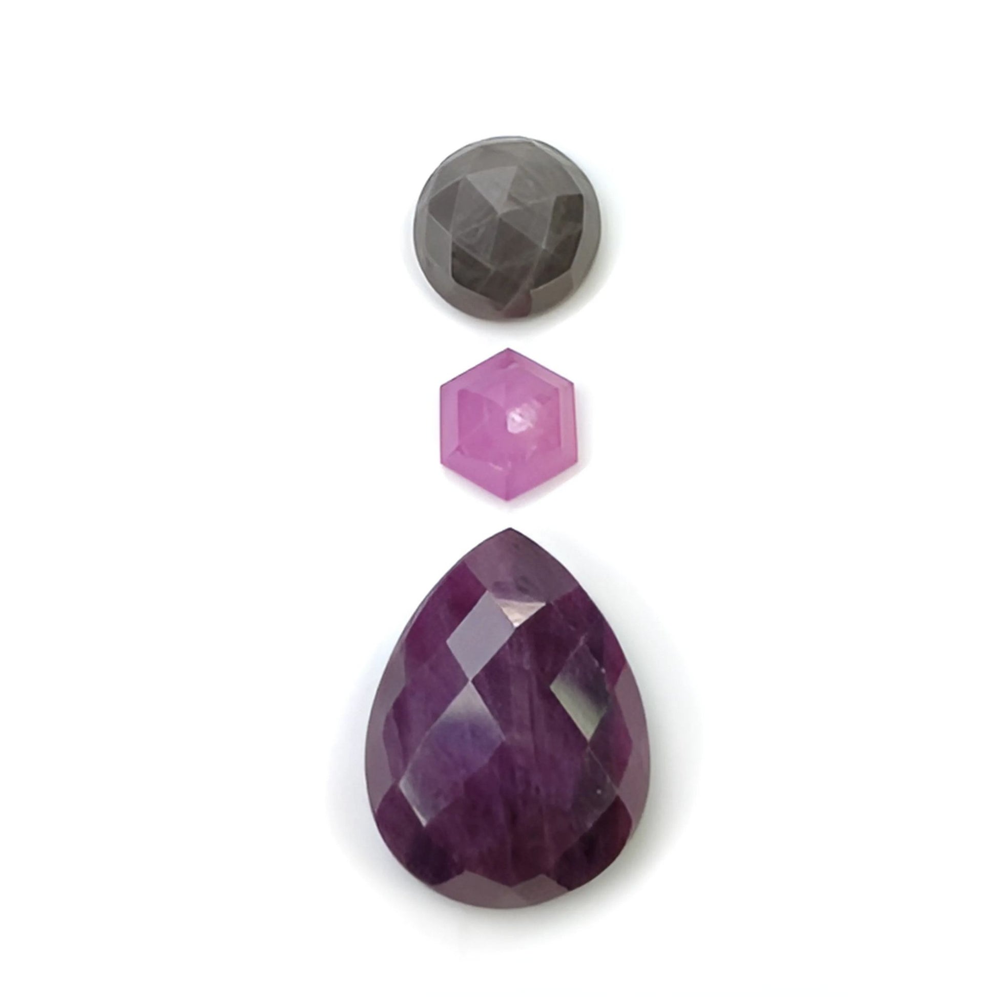 ruby, sapphire round & pear rose cut