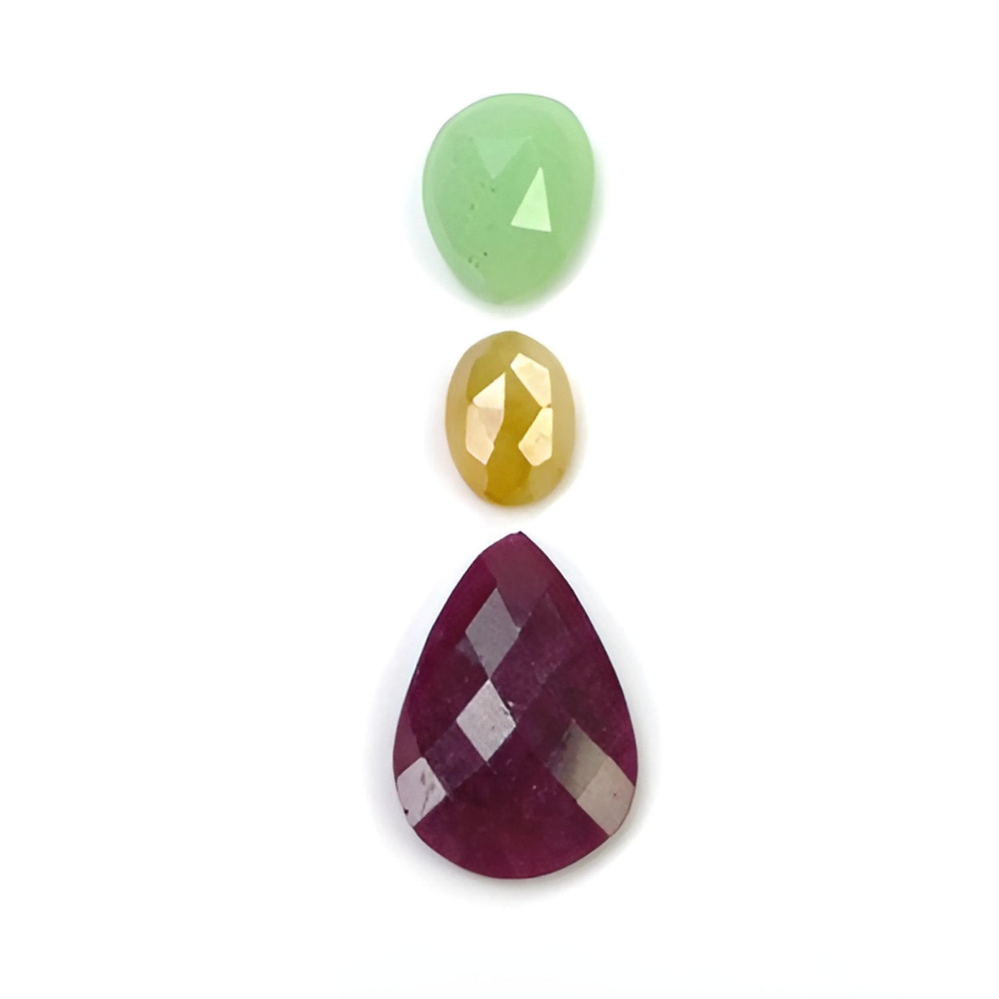 red ruby, multi sapphire pear rose cut 