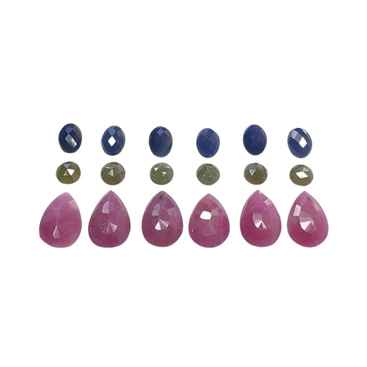 red ruby, multi sapphire pear rose cut
