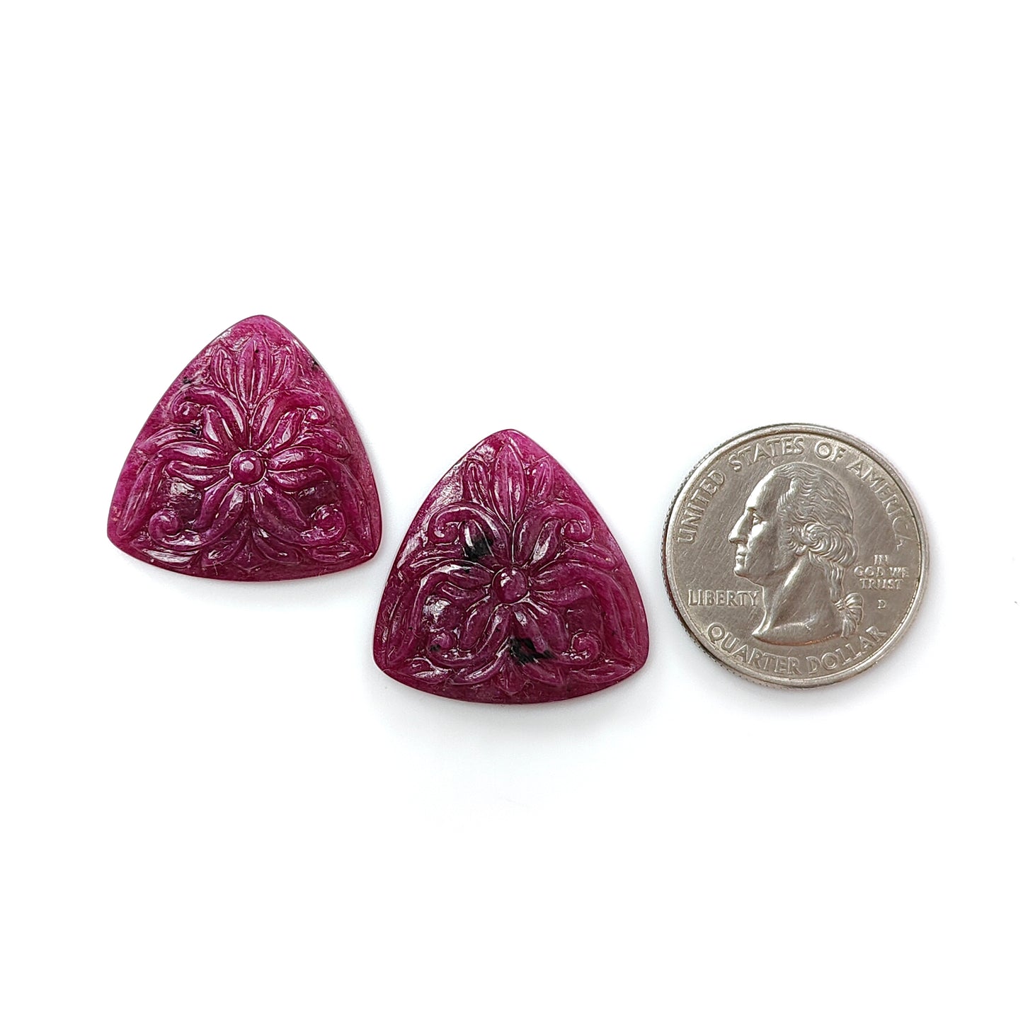 Ruby Gemstone Carving : 55.80cts Natural Untreated Unheated Red Ruby Hand Carved Triangle Shape 25mm Pair For Jewelry