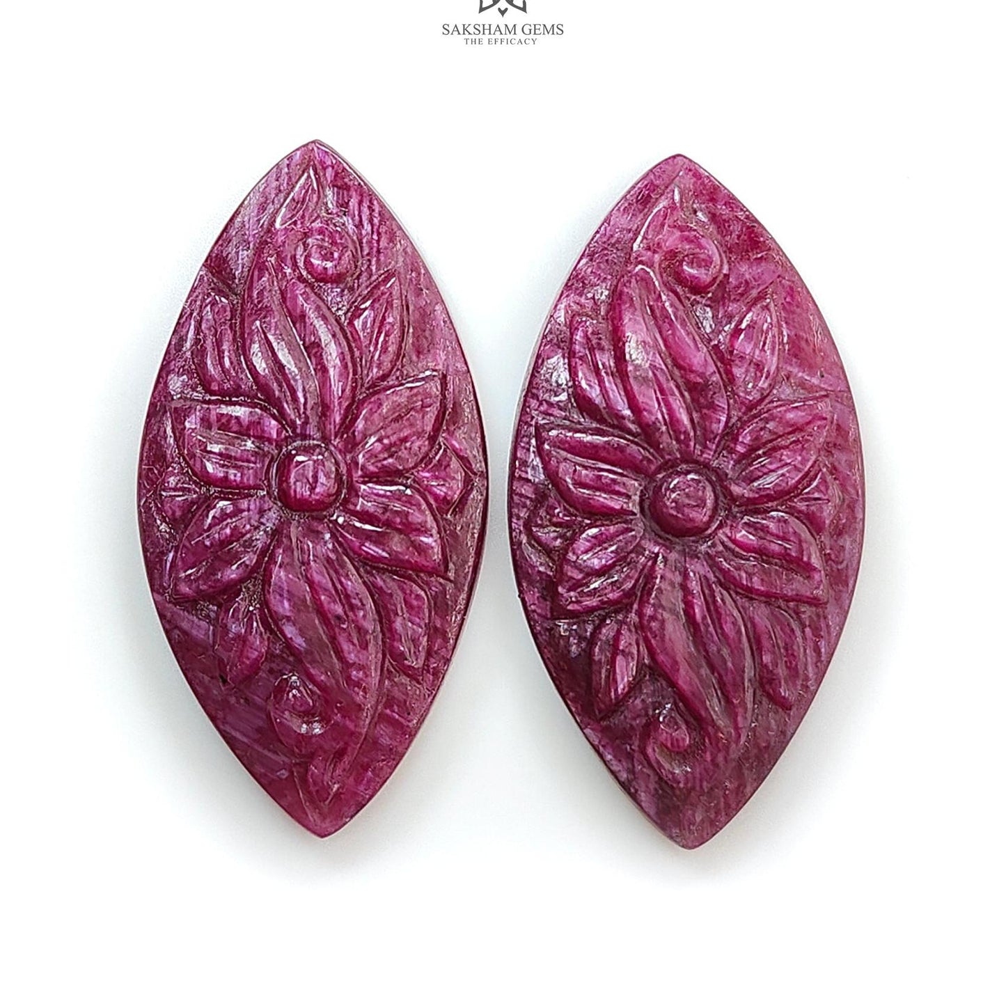 Ruby Gemstone Carving : 55.01cts Natural Untreated Unheated Red Ruby Hand Carved Marquise Shape 36*18mm Pair
