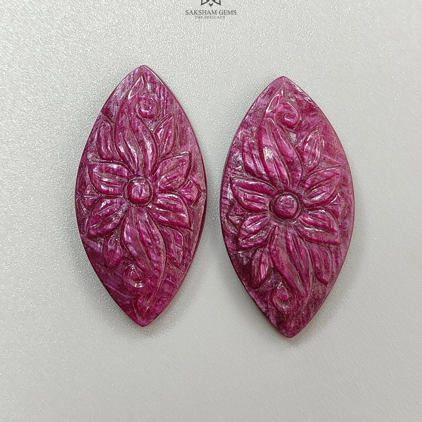 Ruby Gemstone Carving : 55.01cts Natural Untreated Unheated Red Ruby Hand Carved Marquise Shape 36*18mm Pair