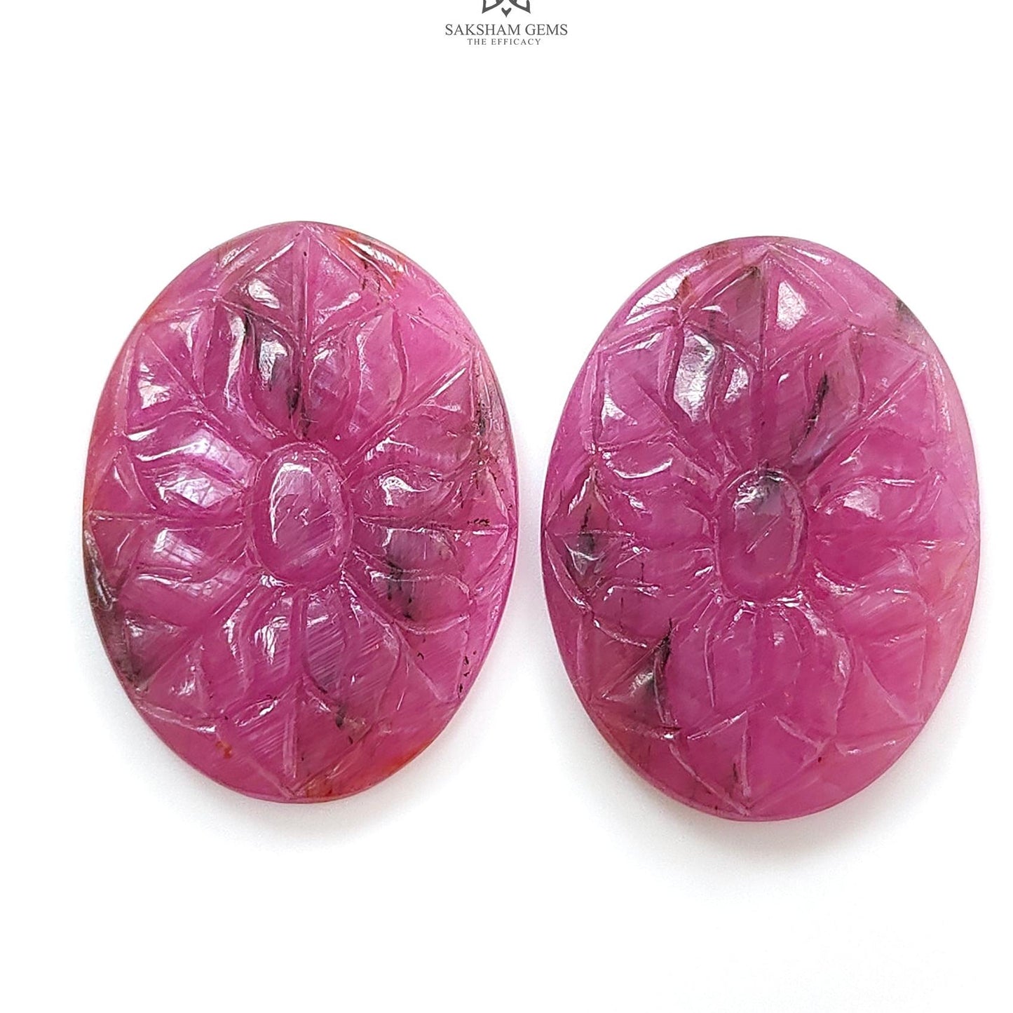 Ruby Gemstone Carving : 64.10cts Natural Untreated Unheated Red Ruby Hand Carved Oval Shape 31.5*24mm Pair