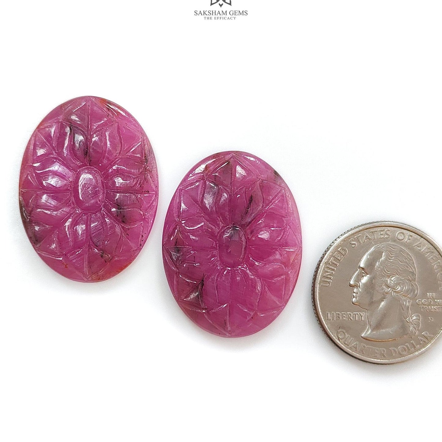 Ruby Gemstone Carving : 64.10cts Natural Untreated Unheated Red Ruby Hand Carved Oval Shape 31.5*24mm Pair