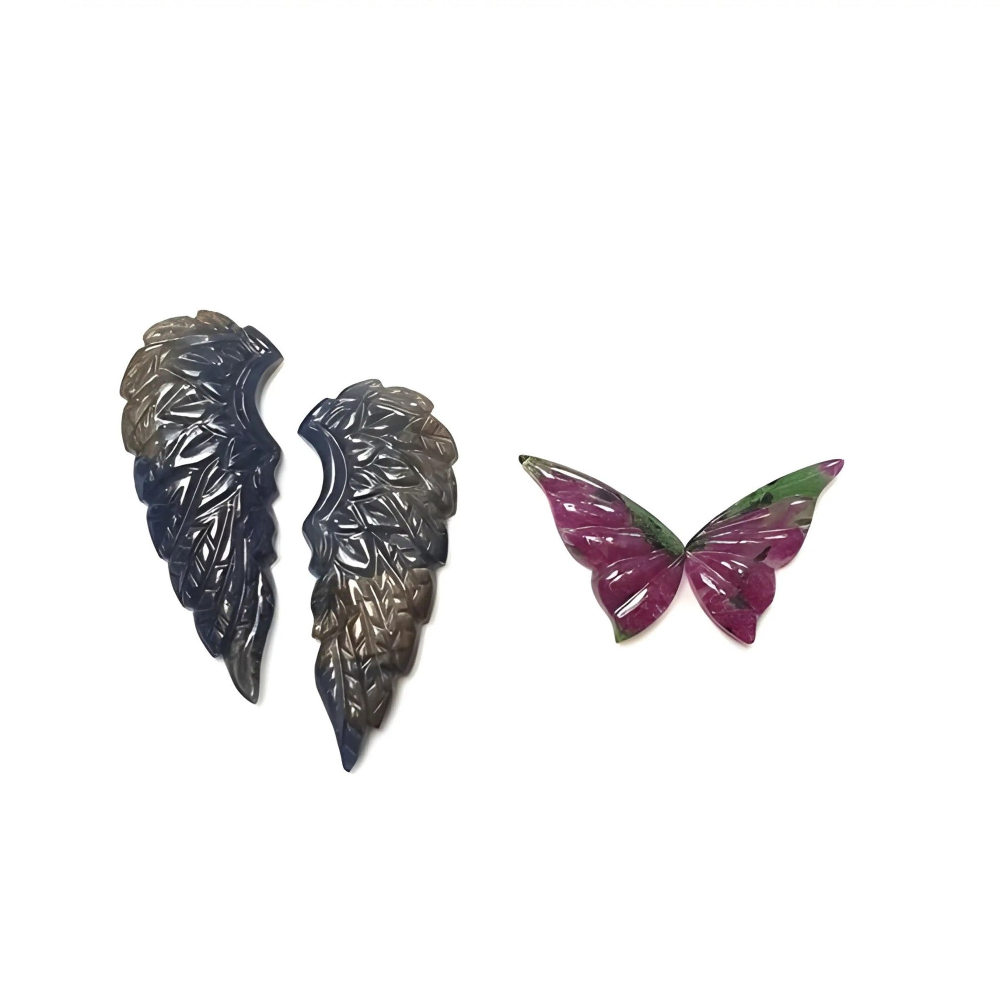 ルビー、ブルーサファイアの蝶と天使の羽の彫刻