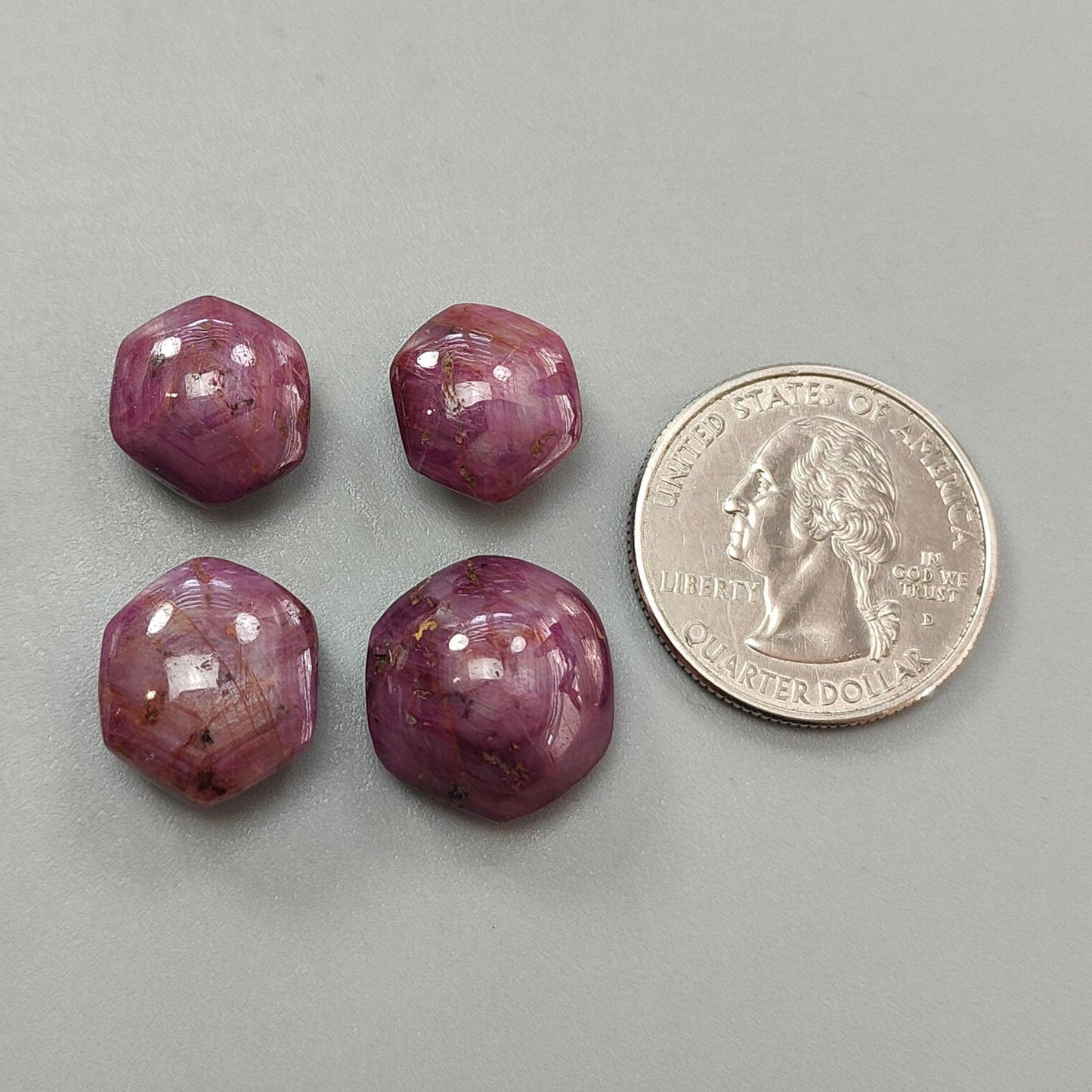 Star Ruby Gemstone Cabochon: 63.20cts Natural Untreated Unheated 6Ray Star Ruby Hexagon Shape 14*12mm - 17*16mm 4pcs Set July Birthstone