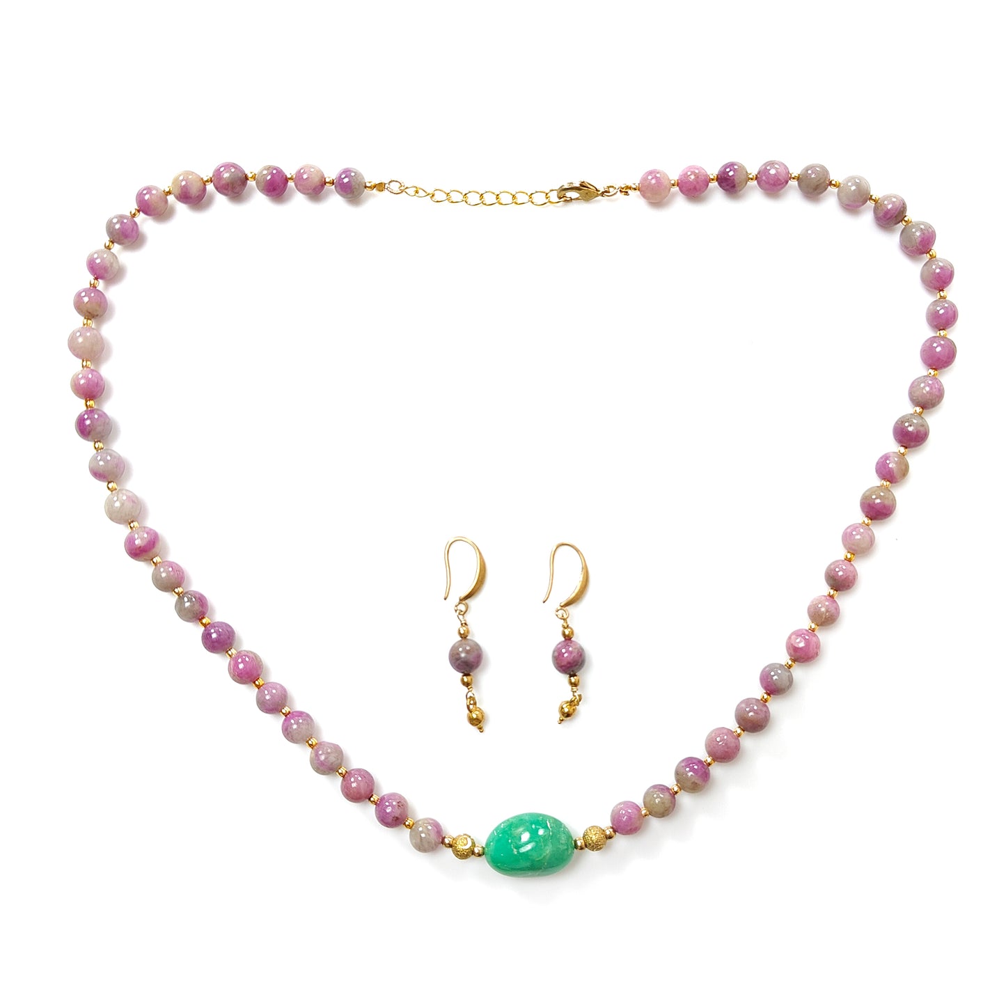 Zoisite Ruby Necklace Earring Jewelry Set: 209.40cts Natural Untreated Ruby, Chrysoprase Round Plain Brass Jewelry Set 7mm 18"