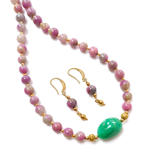 Zoisite Ruby Necklace Earring Jewelry Set: 209.40cts Natural Untreated Ruby, Chrysoprase Round Plain Brass Jewelry Set 7mm 18"