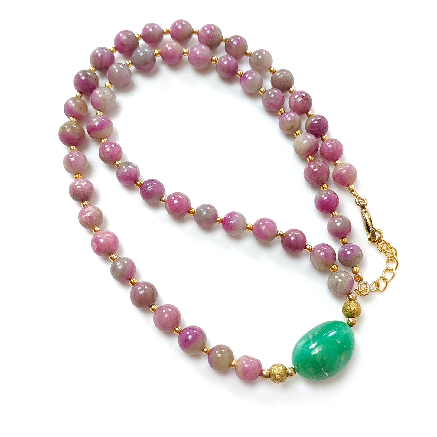 Zoisite Ruby Necklace Earring Jewelry Set: 209.40cts Natural Untreated Ruby, Chrysoprase Round Plain Brass Jewelry Set 7mm 18"