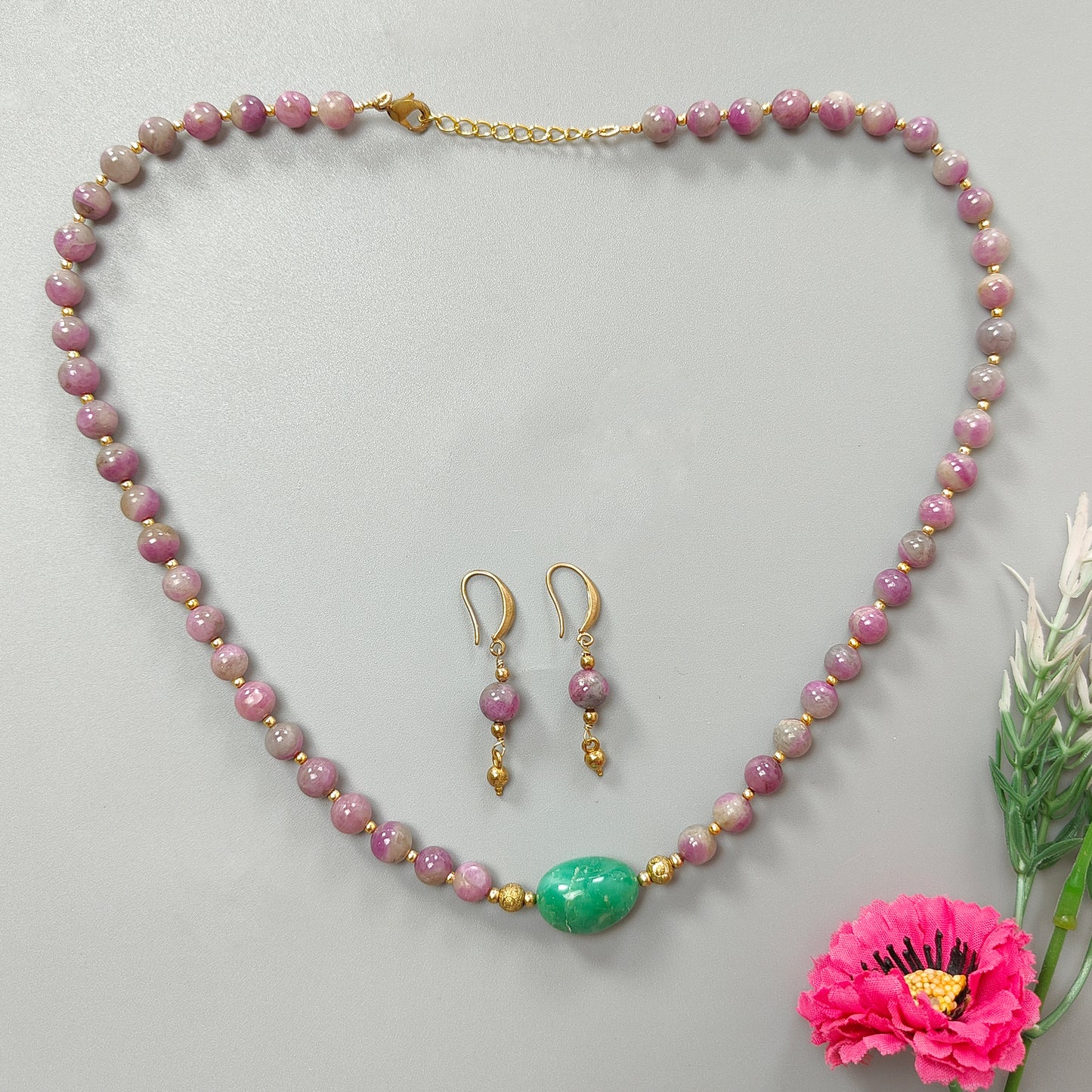 Zoisite Ruby Necklace Earring Jewelry Set: 209.40cts Natural Untreated Ruby, Chrysoprase Round Plain Brass Jewelry Set 7mm 18"