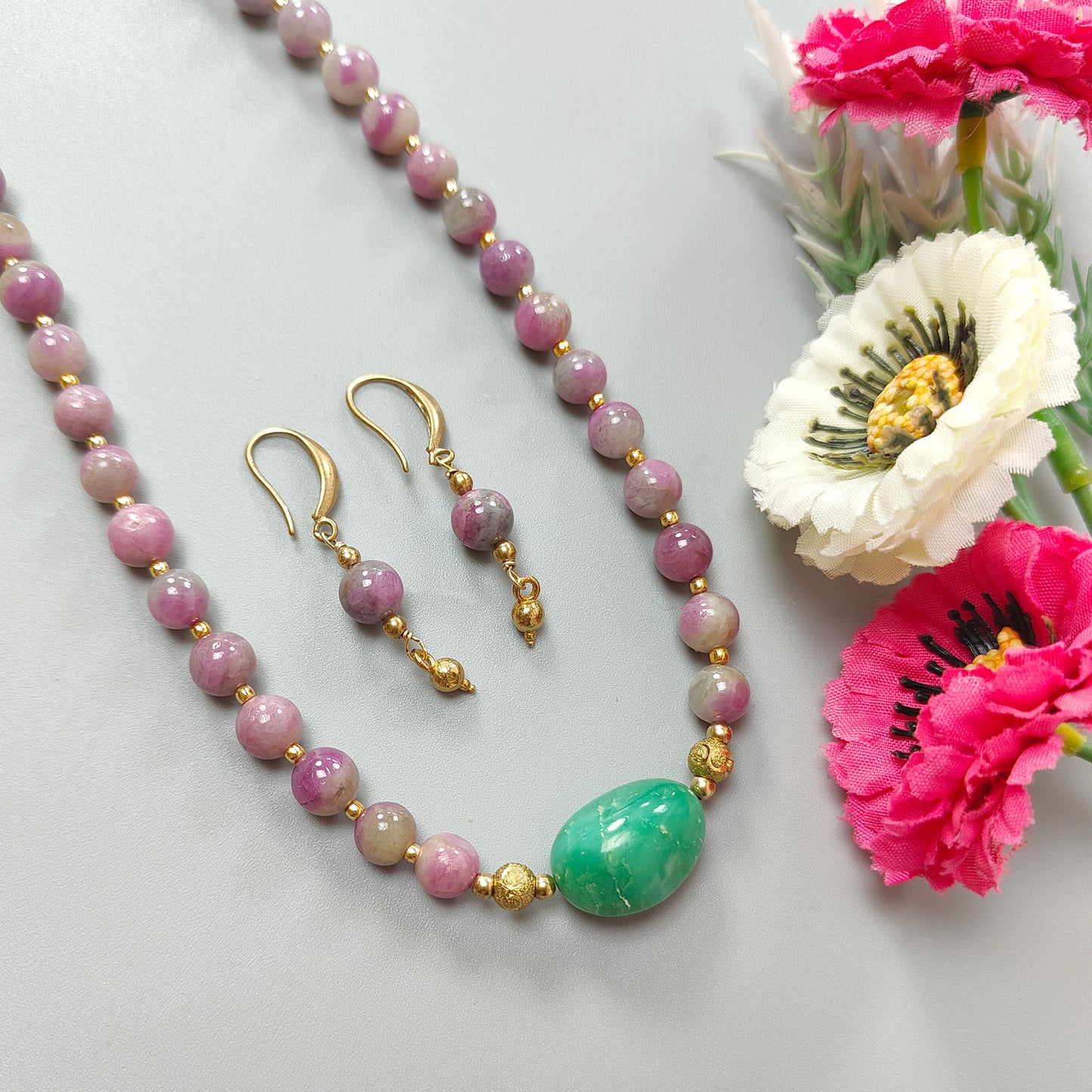 Zoisite Ruby Necklace Earring Jewelry Set: 209.40cts Natural Untreated Ruby, Chrysoprase Round Plain Brass Jewelry Set 7mm 18"