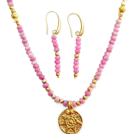 Zoisite Ruby Necklace Earring Jewelry Set: 25.48gms Natural Untreated Ruby Round Plain Brass Jewelry Set 4mm - 5mm 20"