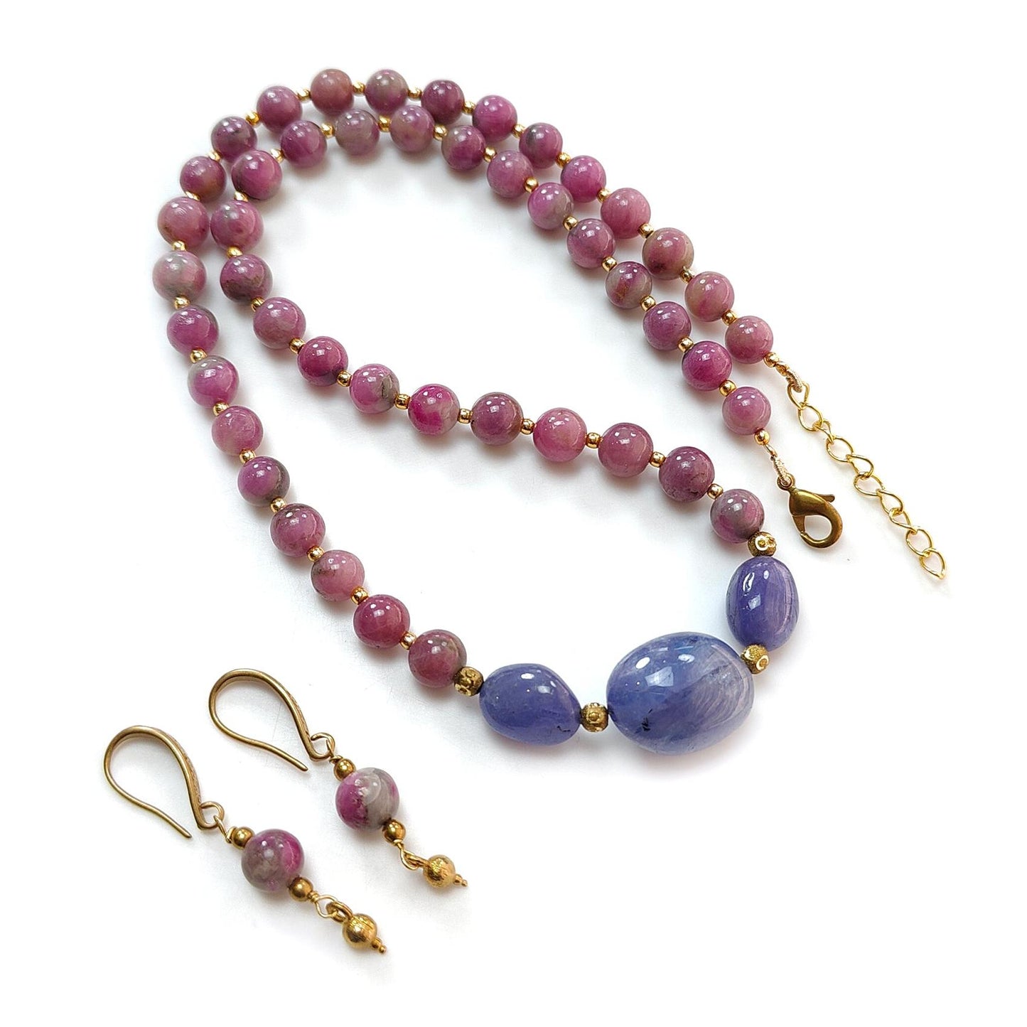 Bi-Color Ruby Necklace Earring Jewelry Set: 261.10cts Natural Untreated Zoisite Ruby, Tanzanite Round Plain Brass Jewelry Set 8mm 19"