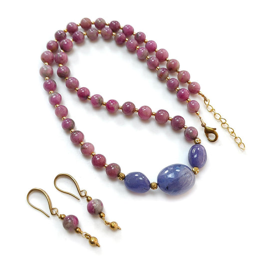 Bi-Color Ruby Necklace Earring Jewelry Set: 261.10cts Natural Untreated Zoisite Ruby, Tanzanite Round Plain Brass Jewelry Set 8mm 19"