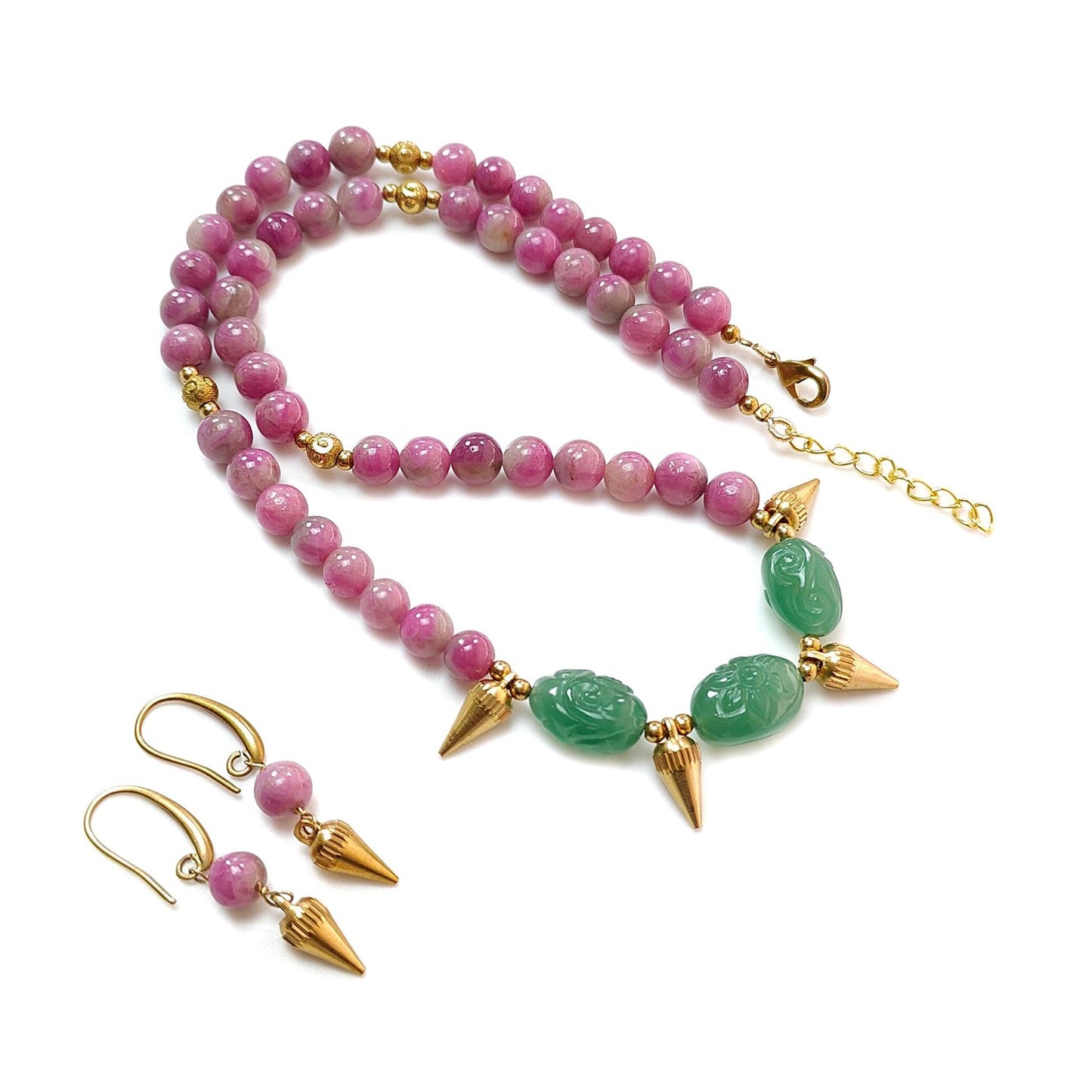 Bi-Color Ruby Necklace Earring Jewelry Set: 285.90cts Natural Untreated Zoisite Ruby, Mystique Jade Round Plain Brass Jewelry Set 8mm 18.5"