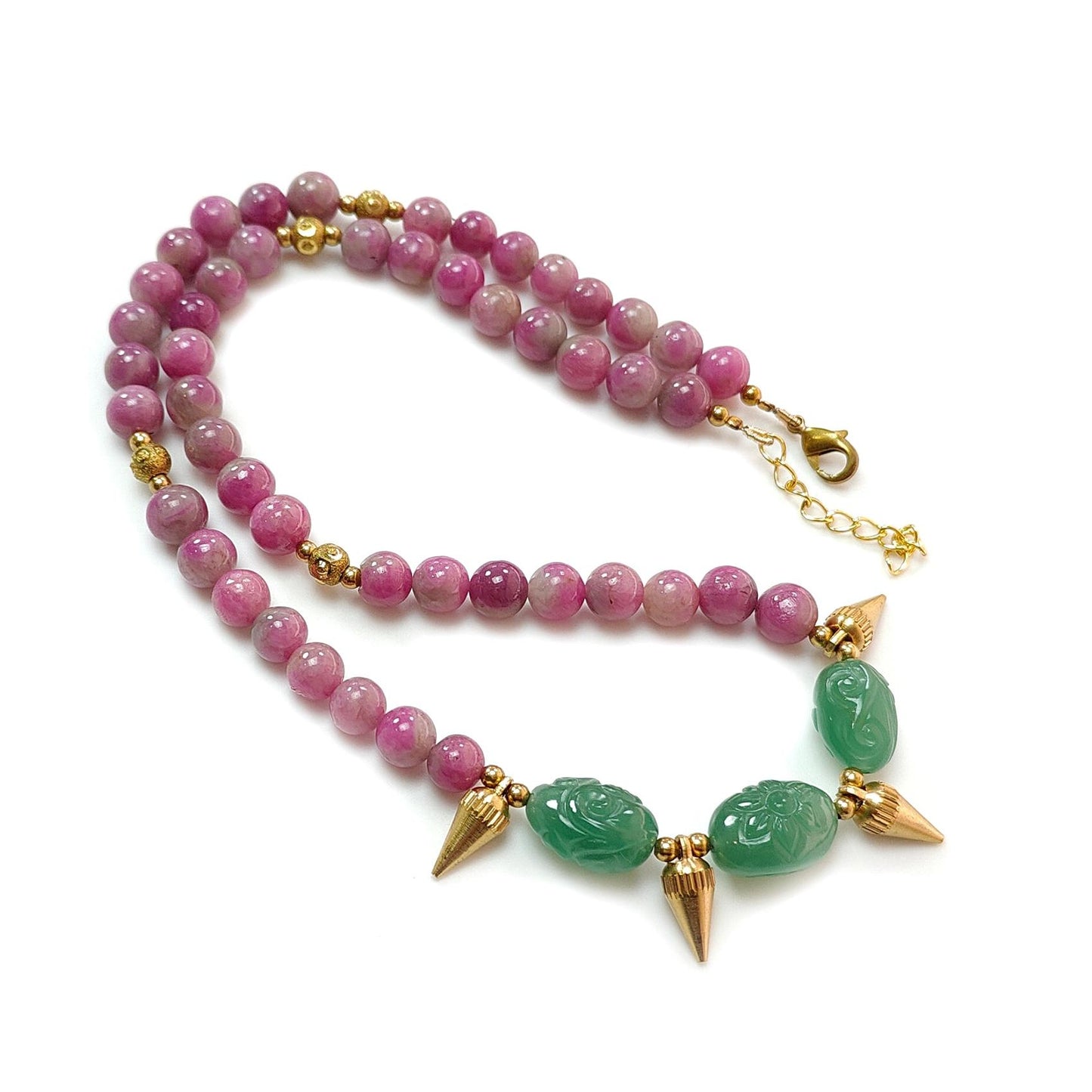 Bi-Color Ruby Necklace Earring Jewelry Set: 285.90cts Natural Untreated Zoisite Ruby, Mystique Jade Round Plain Brass Jewelry Set 8mm 18.5"