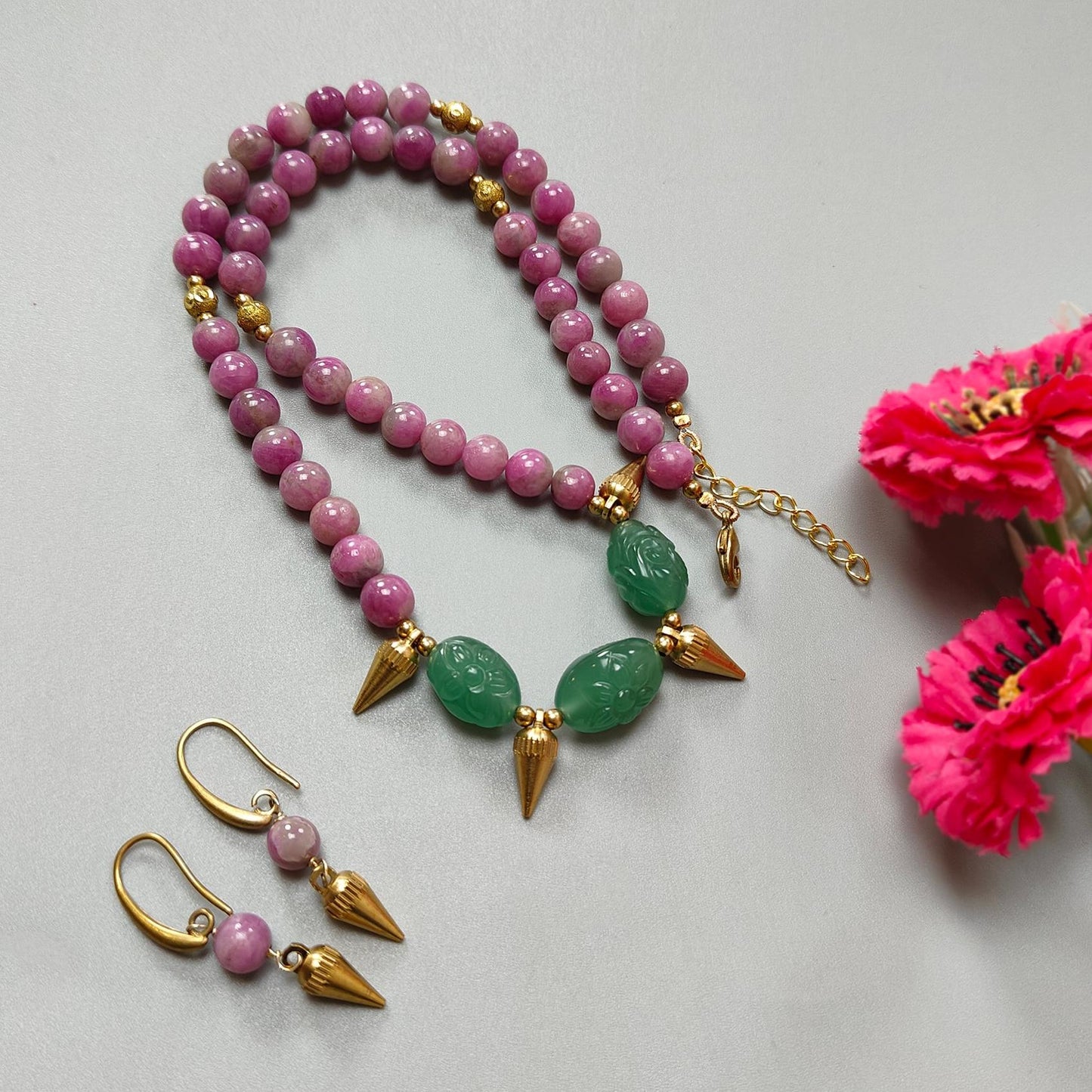 Bi-Color Ruby Necklace Earring Jewelry Set: 285.90cts Natural Untreated Zoisite Ruby, Mystique Jade Round Plain Brass Jewelry Set 8mm 18.5"