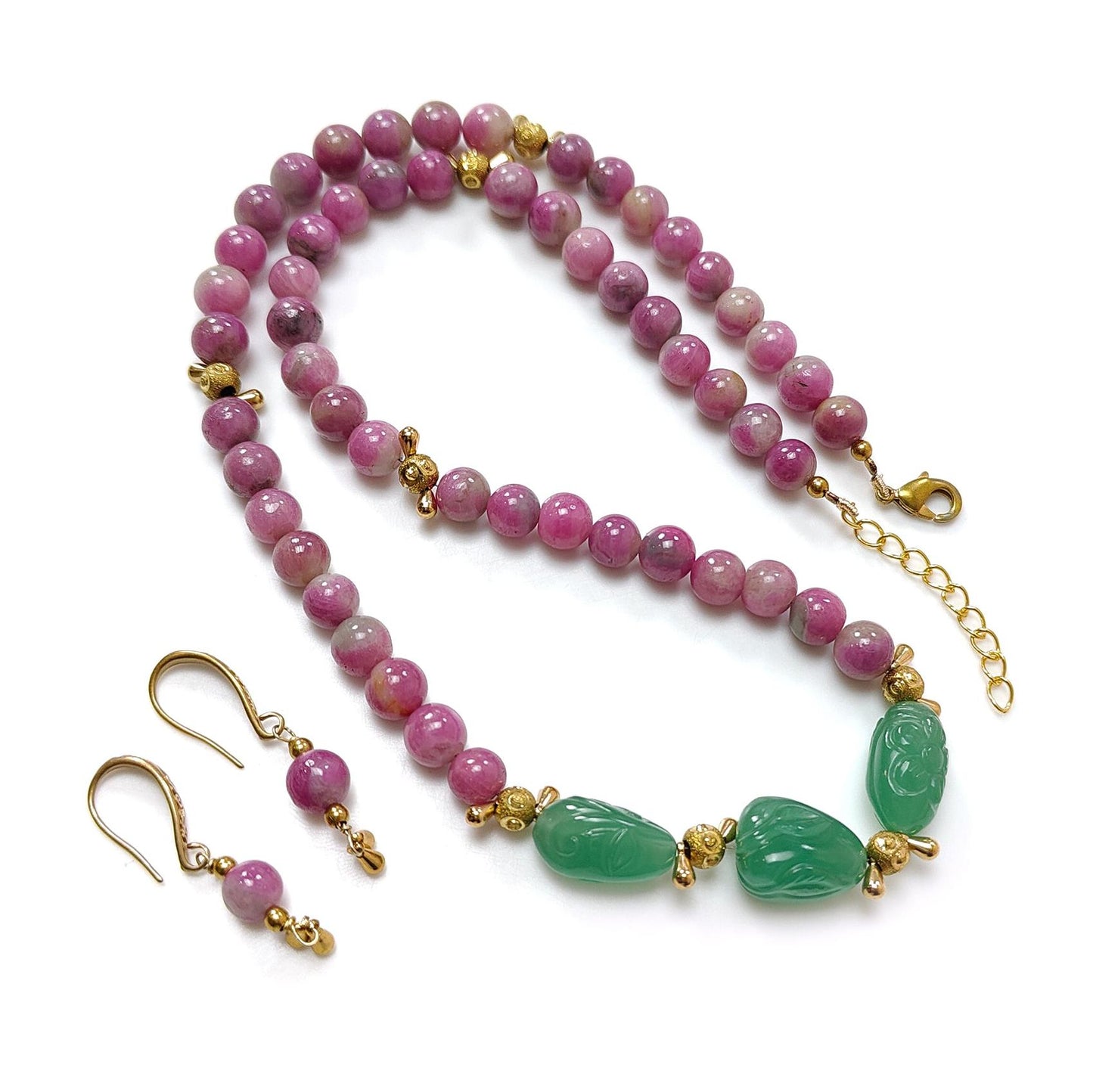 Bi-Color Ruby Necklace Earring Jewelry Set: 288.00cts Natural Untreated Zoisite Ruby, Mystique Jade Round Plain Brass Jewelry Set 8mm 19"