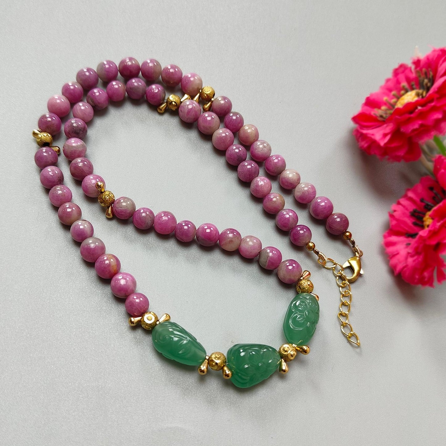 Bi-Color Ruby Necklace Earring Jewelry Set: 288.00cts Natural Untreated Zoisite Ruby, Mystique Jade Round Plain Brass Jewelry Set 8mm 19"