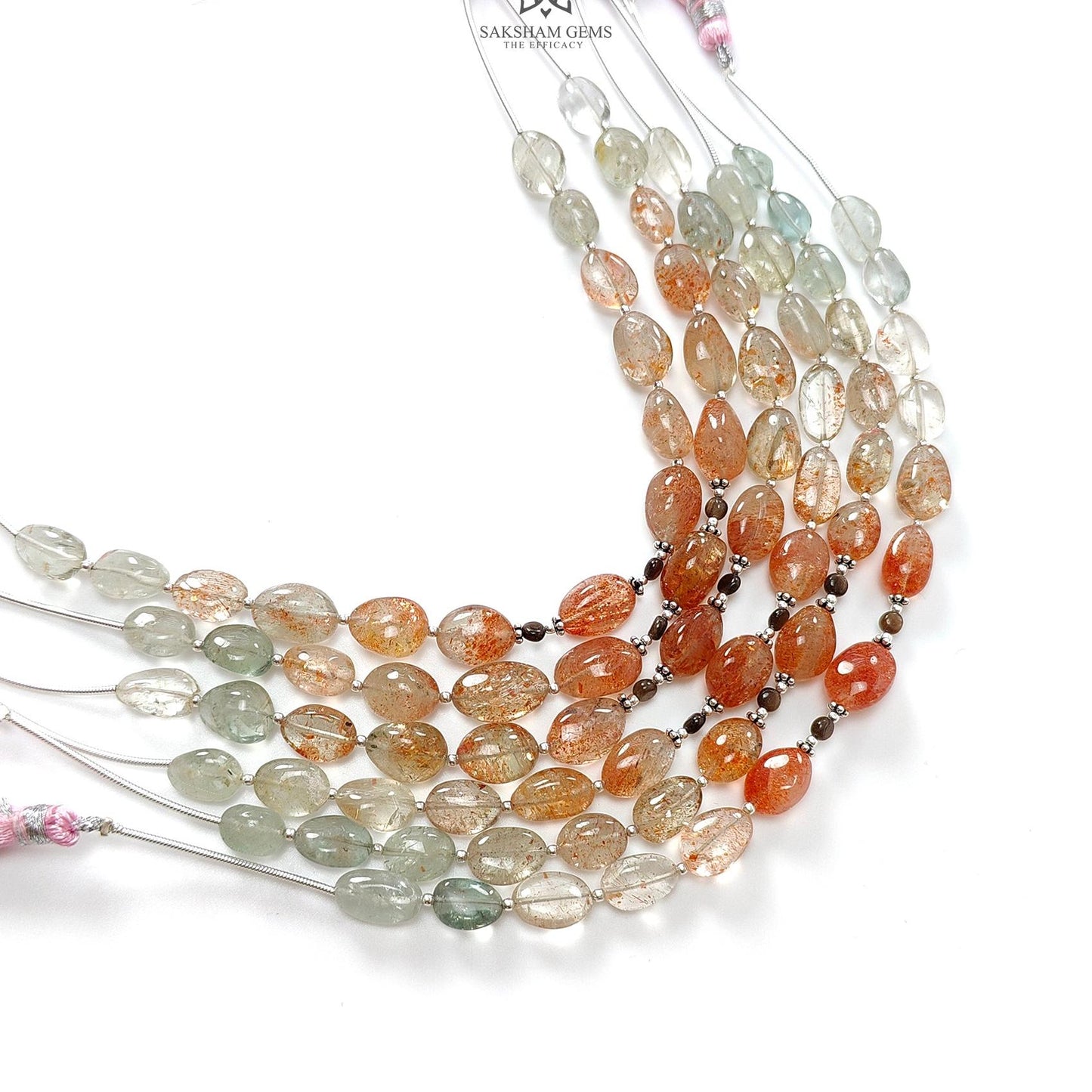 Oregon Sunstone Gemstone Loose Beads : 57.00cts (Approx.) Natural Untreated Golden Sapphire Oval 925 Sterling Silver 6.9" (Apx) For Bracelet