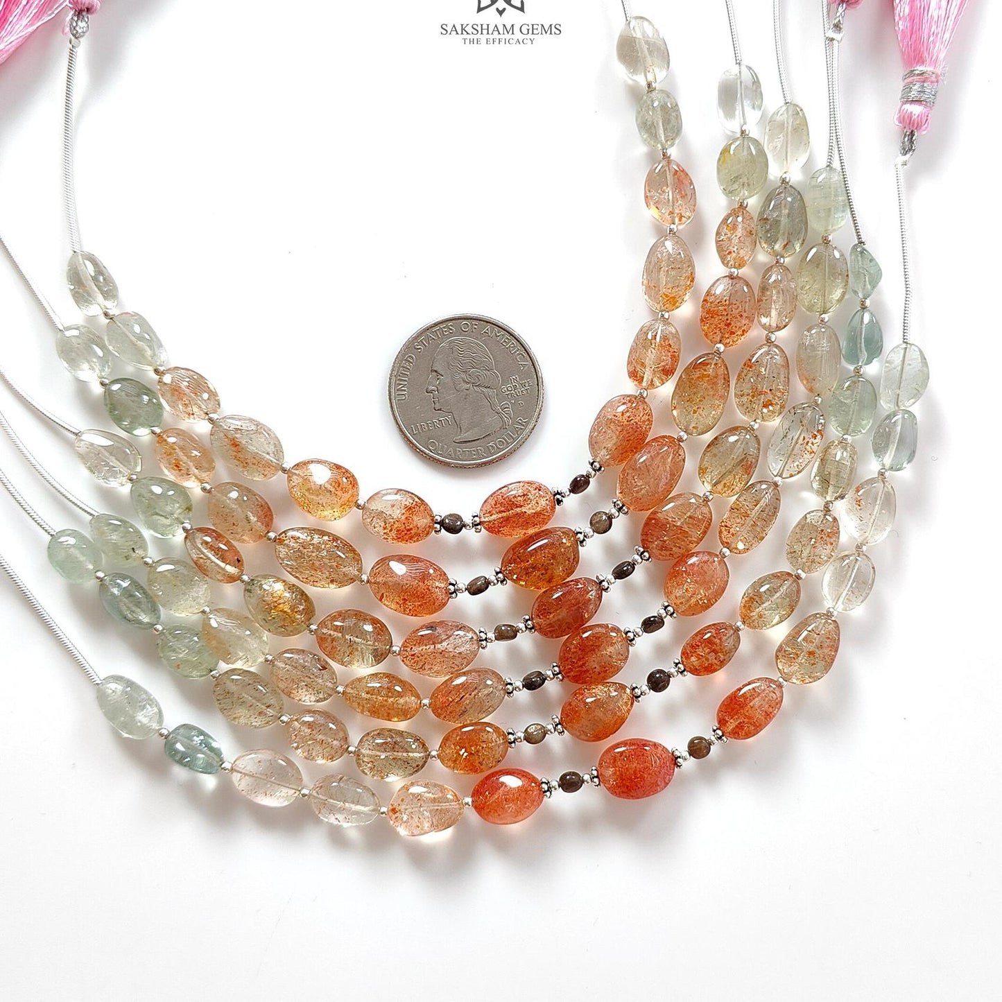 Oregon Sunstone Gemstone Loose Beads : 57.00cts (Approx.) Natural Untreated Golden Sapphire Oval 925 Sterling Silver 6.9" (Apx) For Bracelet