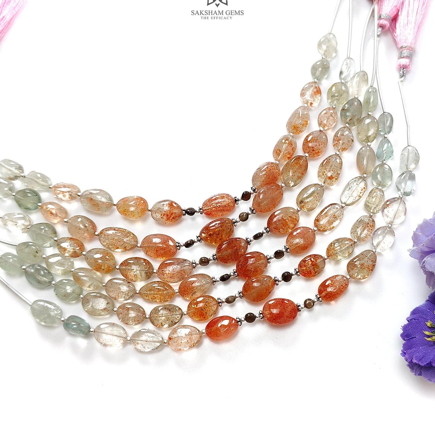 Oregon Sunstone Gemstone Loose Beads : 57.00cts (Approx.) Natural Untreated Golden Sapphire Oval 925 Sterling Silver 6.9" (Apx) For Bracelet