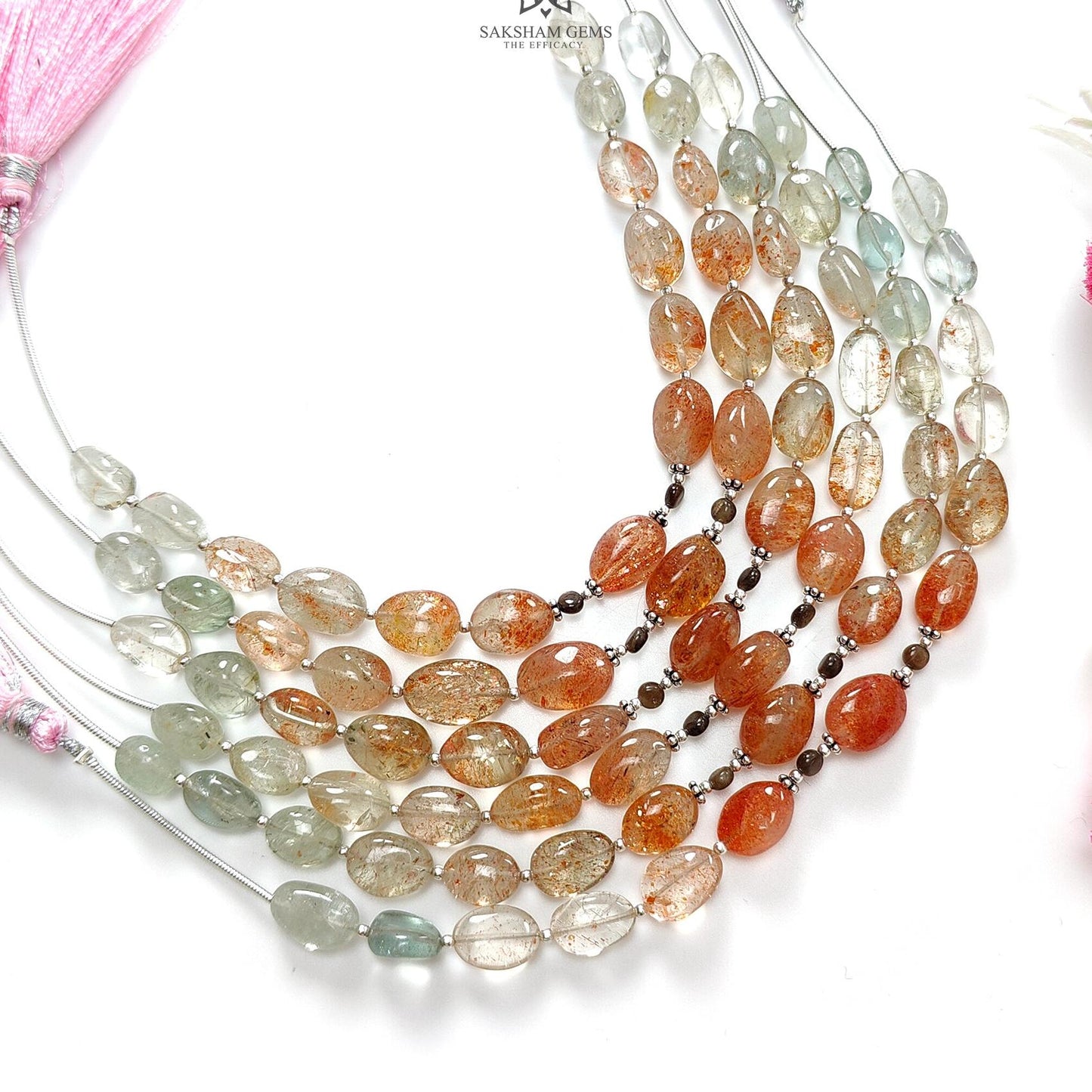Oregon Sunstone Gemstone Loose Beads : 57.00cts (Approx.) Natural Untreated Golden Sapphire Oval 925 Sterling Silver 6.9" (Apx) For Bracelet