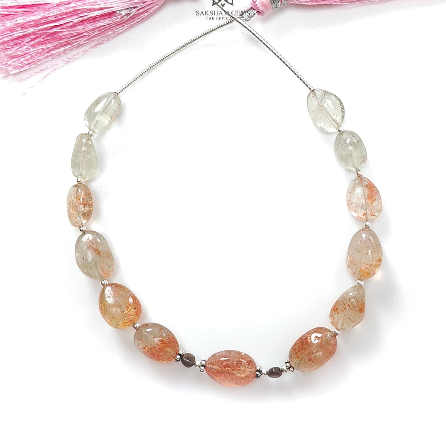 Oregon Sunstone Gemstone Loose Beads : 57.00cts (Approx.) Natural Untreated Golden Sapphire Oval 925 Sterling Silver 6.9" (Apx) For Bracelet
