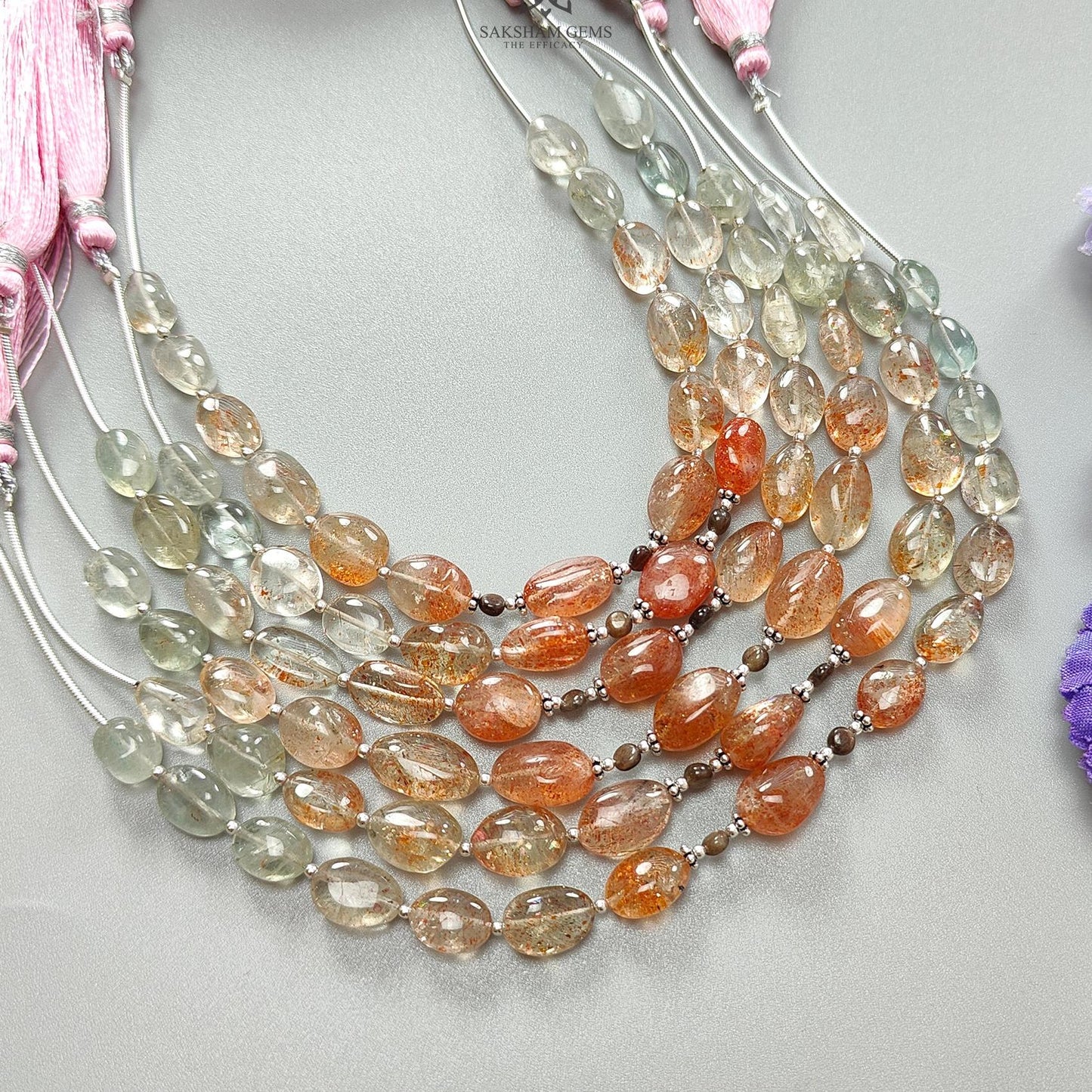 Oregon Sunstone Gemstone Loose Beads : 57.00cts (Approx.) Natural Untreated Golden Sapphire Oval 925 Sterling Silver 6.9" (Apx) For Bracelet