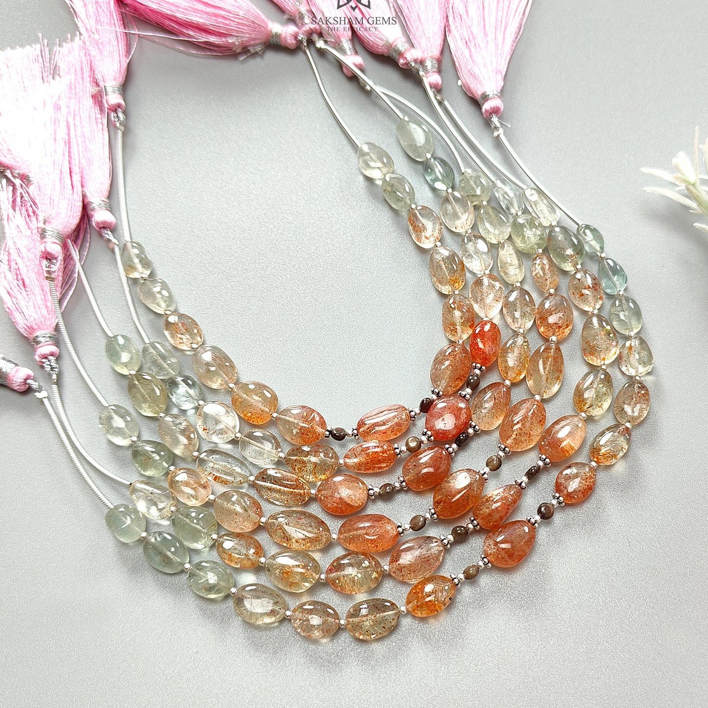 Oregon Sunstone Gemstone Loose Beads : 57.00cts (Approx.) Natural Untreated Golden Sapphire Oval 925 Sterling Silver 6.9" (Apx) For Bracelet