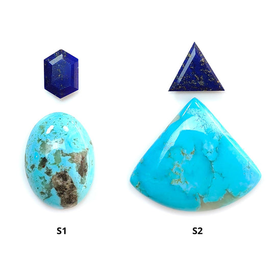 Turquoise Gemstone Cabochon: Natural Untreated Sleeping Beauty Arizona Turquoise with Lapis Lazuli Oval, Triangle Shape 2pcs Set for Jewelry-Saksham Gems