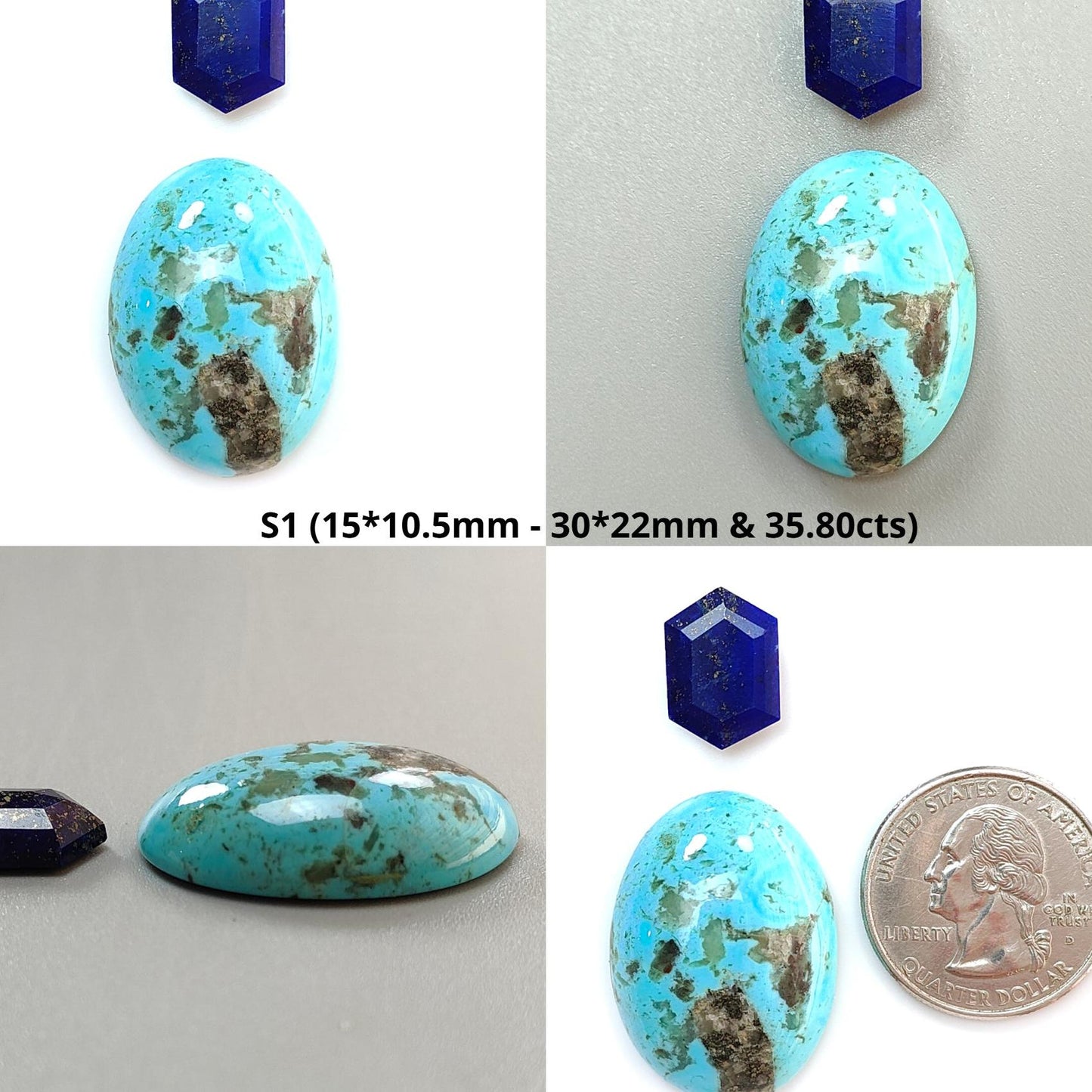 Turquoise Gemstone Cabochon: Natural Untreated Sleeping Beauty Arizona Turquoise with Lapis Lazuli Oval, Triangle Shape 2pcs Set for Jewelry