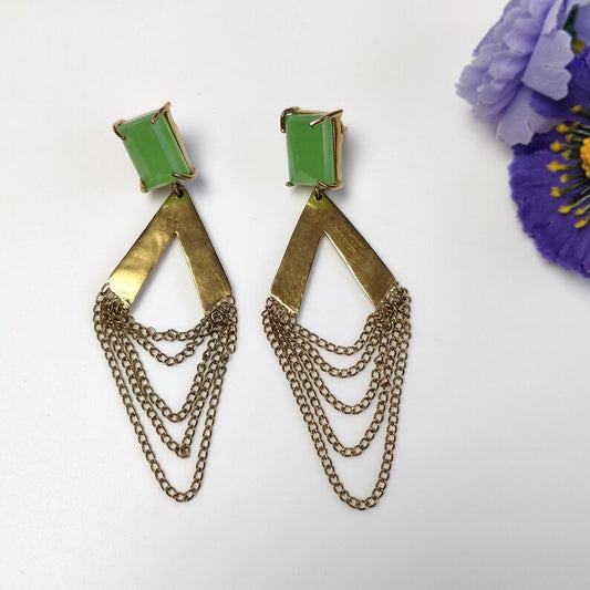 Green Chalcedony Gemstone Earring : 2.5"*1.5" Handmade Brass 18k Gold Plated 13.00gms Cushion Prong Set Drop Dangle Chain Push Back Earring
