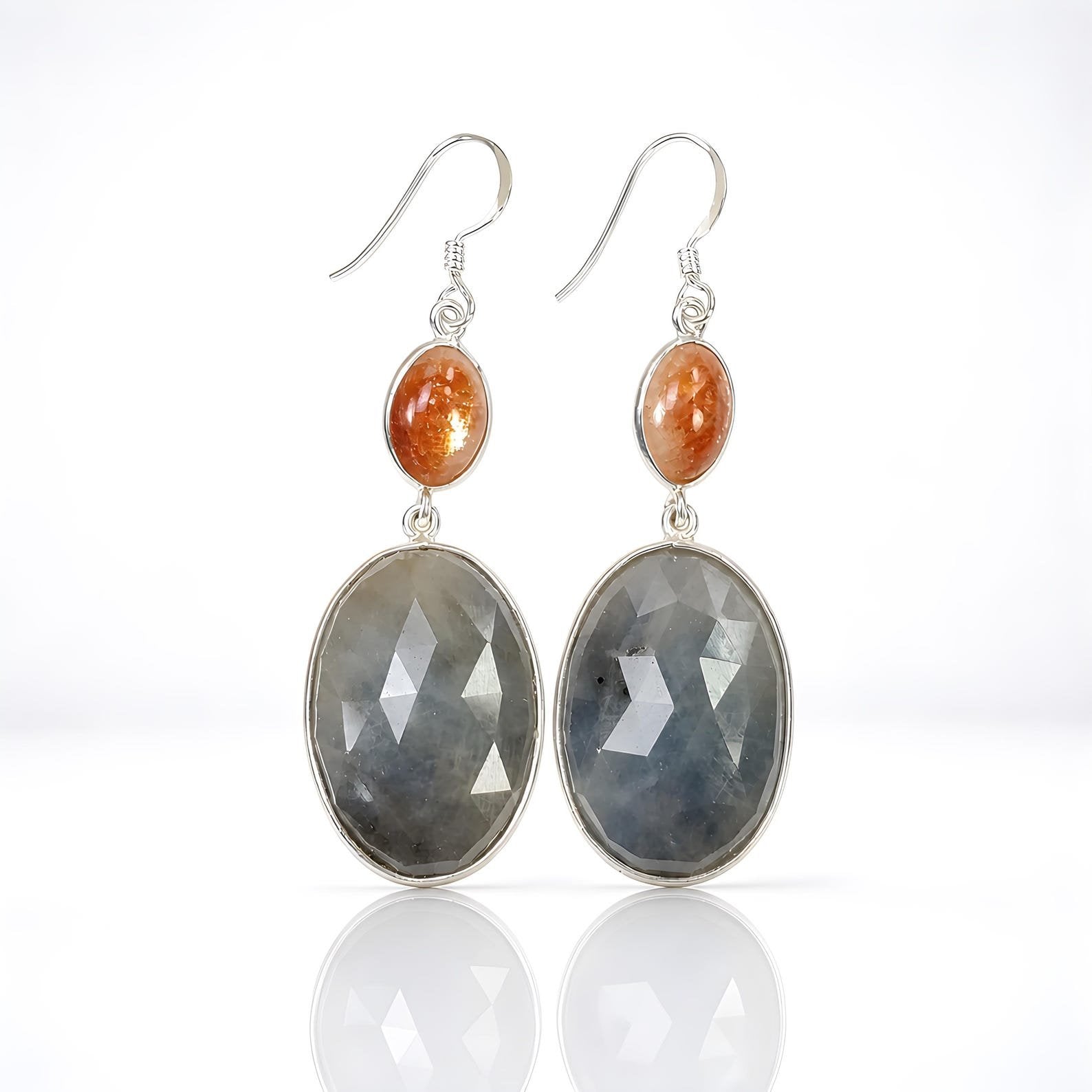 Sapphire, Sunstone Gemstone Silver Earring
