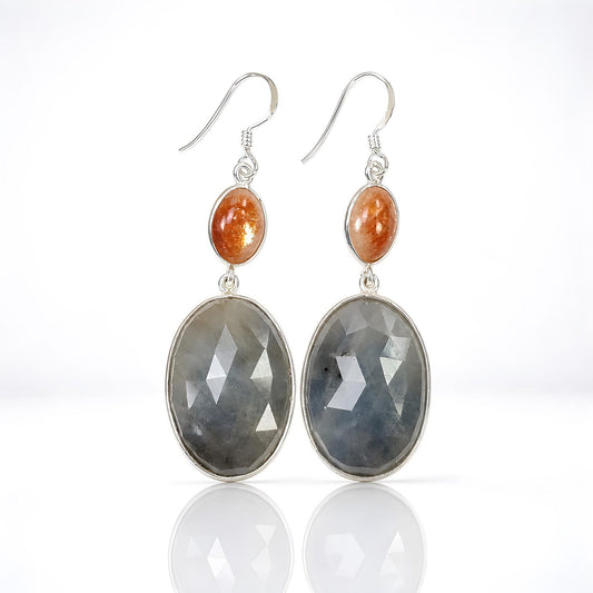 Sapphire, Sunstone Gemstone Silver Earring