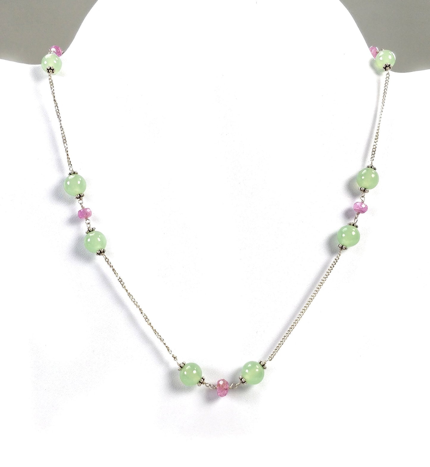 Green SERPENTINE & Pink SAPPHIRE Gemstones Beads Chain NECKLACE : 925 Sterling Silver Natural Round Cabochon 16" Statement Necklace