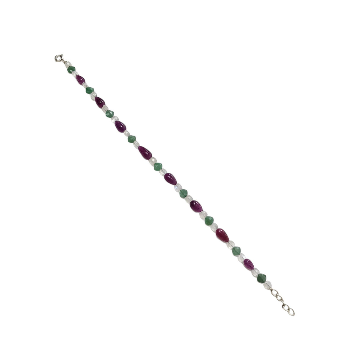 7.77gms Natural Ruby, Moonstone & Quartzite Plain Beads 925 Sterling Silver Bracelet 9"