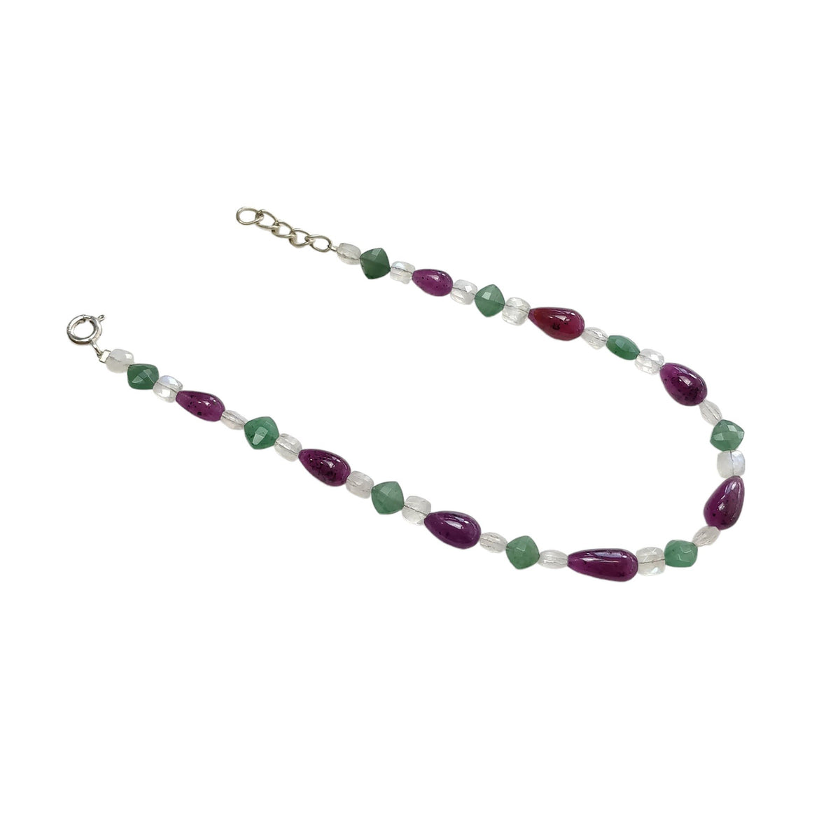 7.77gms Natural Ruby, Moonstone & Quartzite Plain Beads 925 Sterling Silver Bracelet 9"