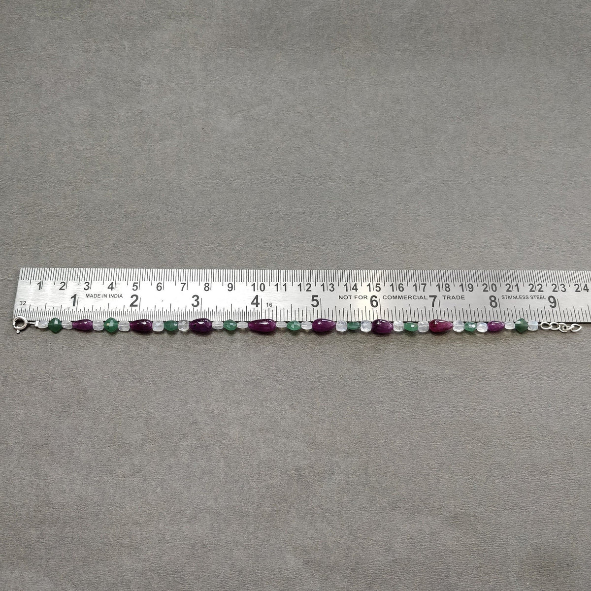 7.77gms Natural Ruby, Moonstone & Quartzite Plain Beads 925 Sterling Silver Bracelet 9"