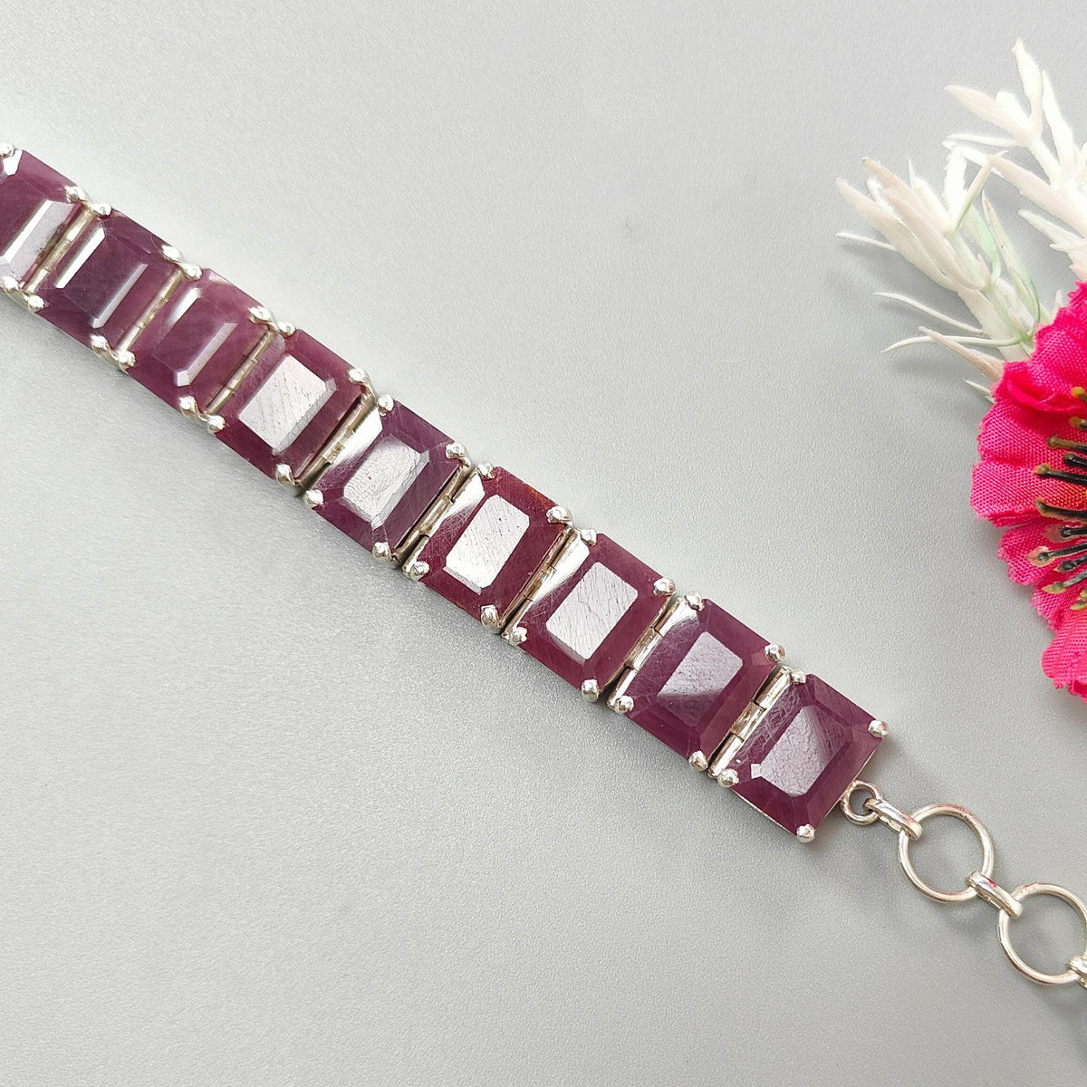 52.06gms Natural Ruby Plain Gemstone Baguette Shape 925 Silver Prong Set Bracelet 5.50"