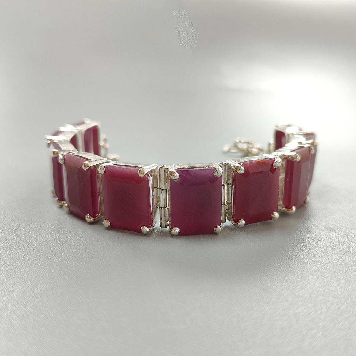 52.06gms Natural Ruby Plain Gemstone Baguette Shape 925 Silver Prong Set Bracelet 5.50"