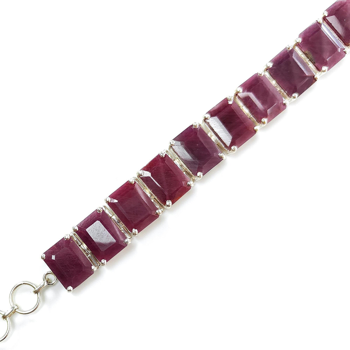 52.06gms Natural Ruby Plain Gemstone Baguette Shape 925 Silver Prong Set Bracelet 5.50"