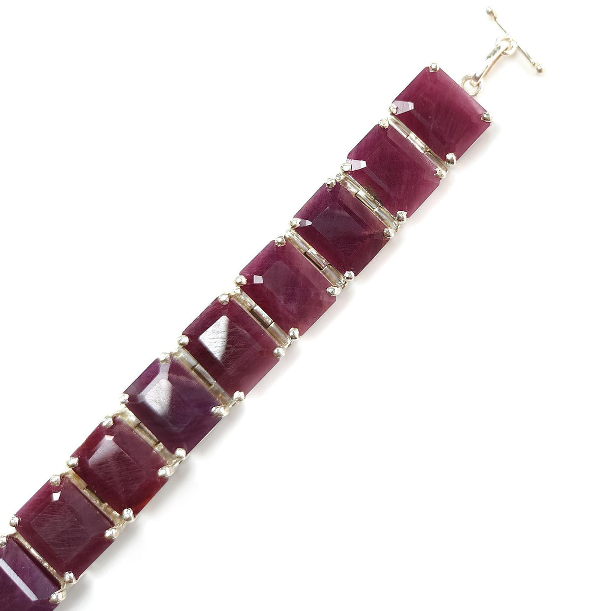 52.06gms Natural Ruby Plain Gemstone Baguette Shape 925 Silver Prong Set Bracelet 5.50"