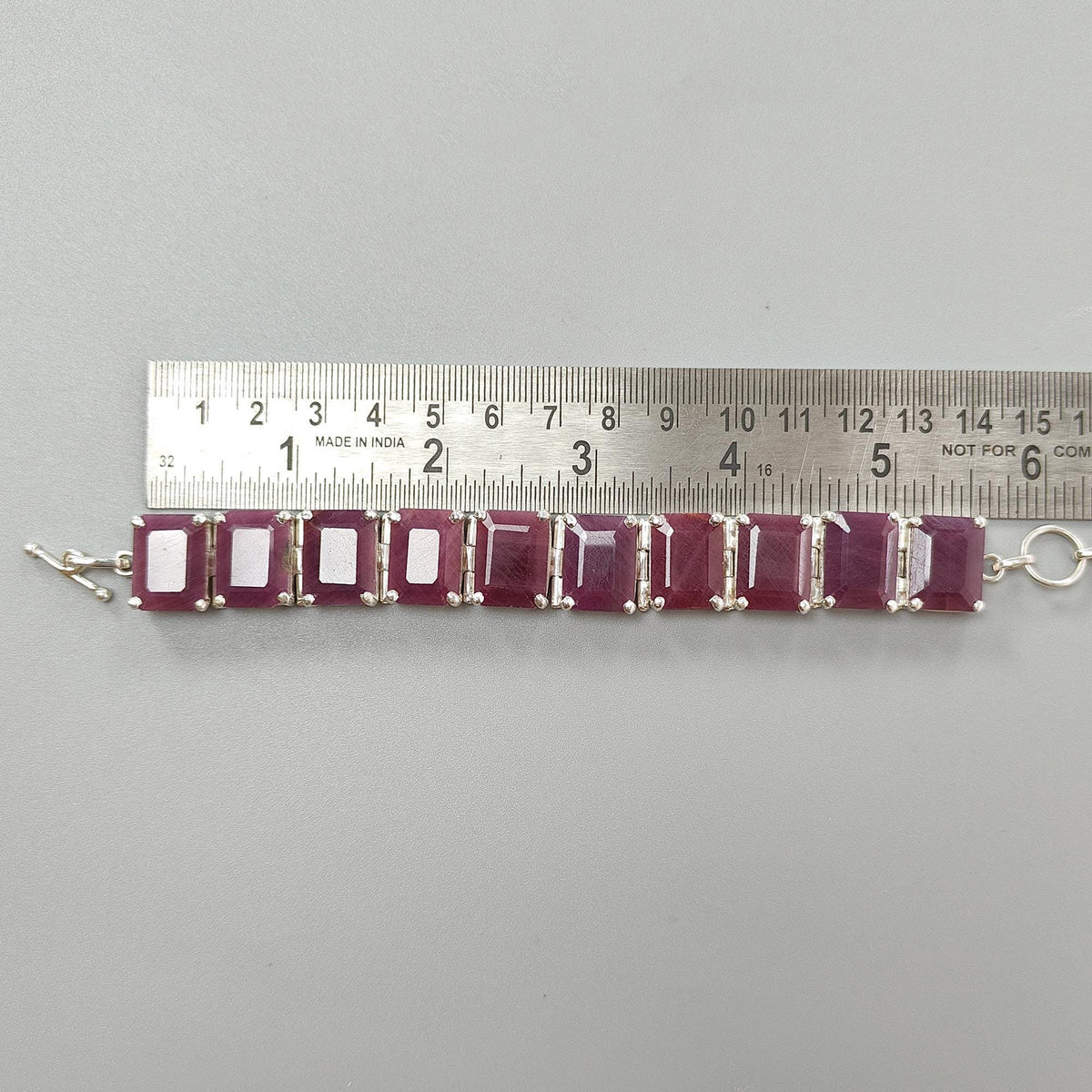 52.06gms Natural Ruby Plain Gemstone Baguette Shape 925 Silver Prong Set Bracelet 5.50"