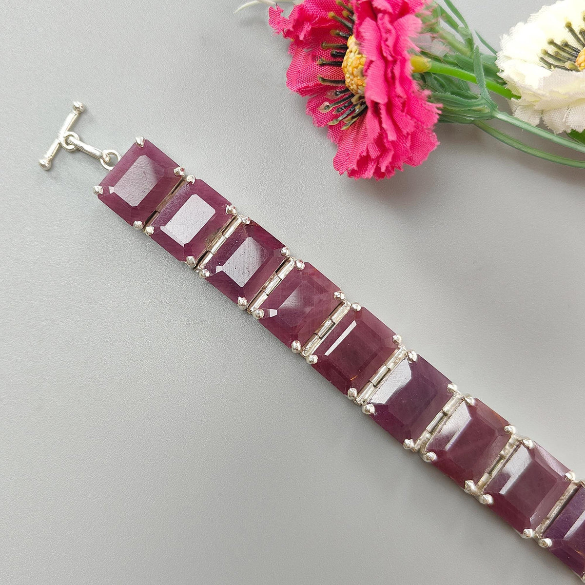 52.06gms Natural Ruby Plain Gemstone Baguette Shape 925 Silver Prong Set Bracelet 5.50"