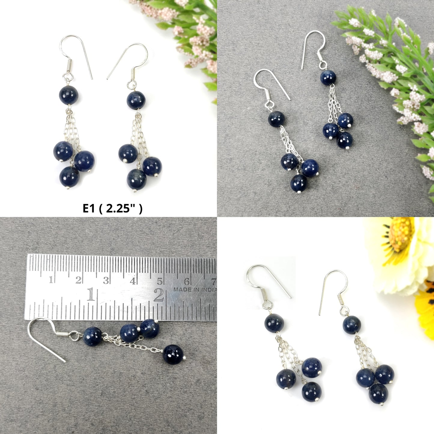 Ruby & Blue SAPPHIRE Gemstone 925 Sterling Silver Beaded Earrings : Natural Untreated Long Drop Dangle Ear Wire Hook Earrings