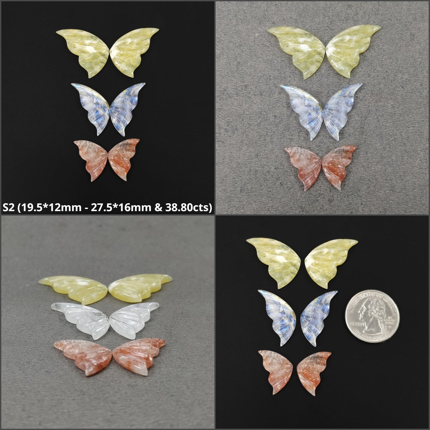 Opal Sunstone & Rainbow Moonstone Gemstone Carving : Natural Untreated Unheated Hand Carved Butterfly 3 Pair Set