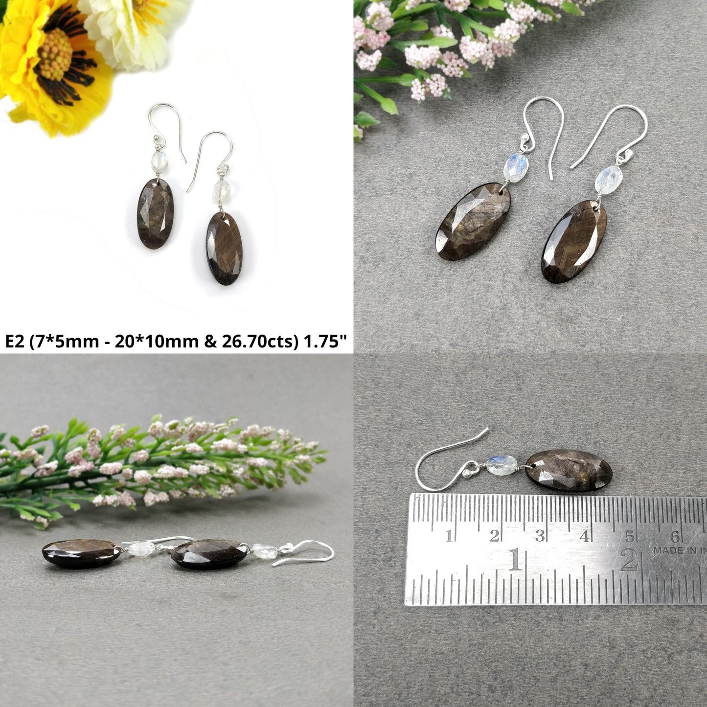 Sapphire & Moonstone Gemstone Earring : Natural Untreated Chocolate Sapphire 925 Sterling Silver Drop Dangle Hook Earring