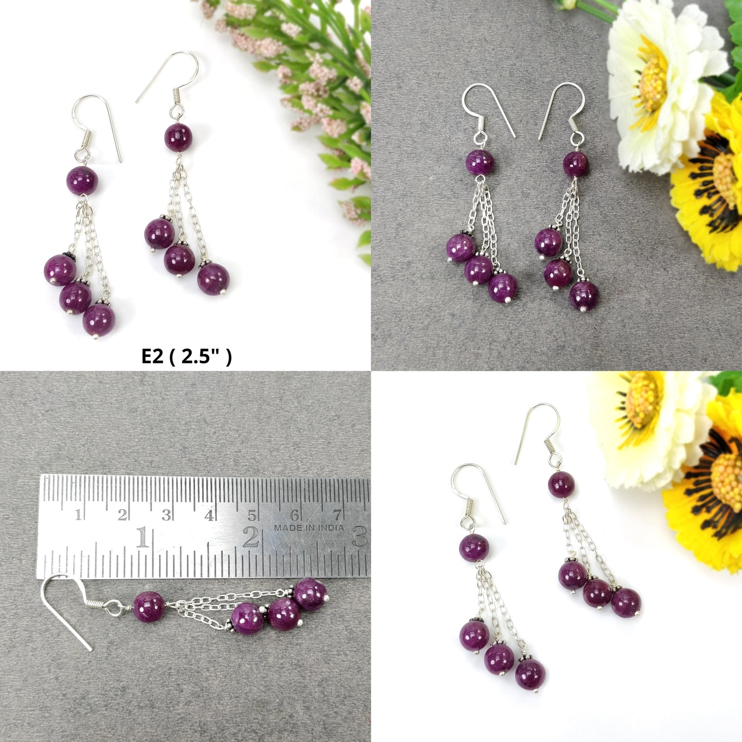 Ruby & Blue SAPPHIRE Gemstone 925 Sterling Silver Beaded Earrings : Natural Untreated Long Drop Dangle Ear Wire Hook Earrings