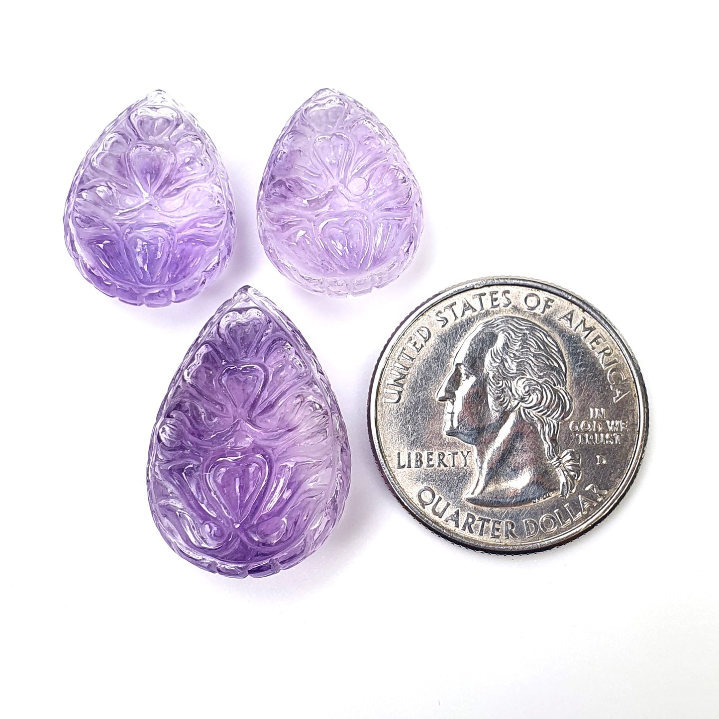 Purple AMETHYST Gemstone Carving : 51.55cts Natural Untreated Amethyst Hand Carved Pear Shape Briolette 19*14mm - 24*17mm 3pcs (With Video)